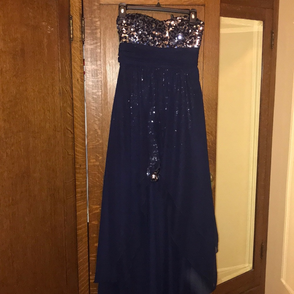 PROM SEASON blue high low sequence dress